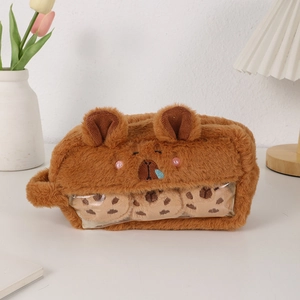 Macro detail of plush capybara pencil case with transparent window and cookie charms