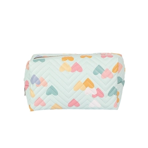 Quilted heart pattern pencil case in mint green with colorful macaron hearts and zipper