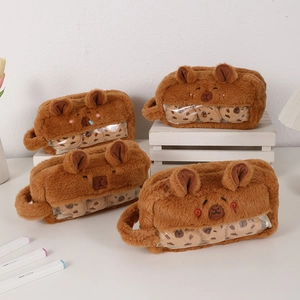 Cute Capybara plush pencil case set with bear ears and transparent cookie window