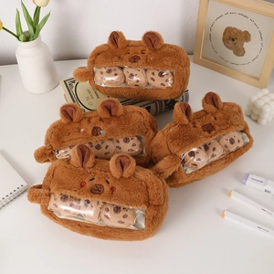 Cute Capybara Plush Pencil Case Large Capacity Stationery Organizer Bag With Transparent Window Creative Soft Furry Pouch