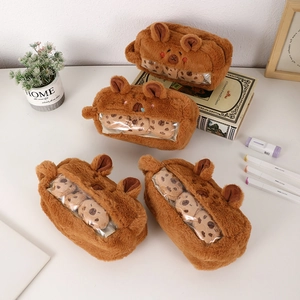 Cute brown plush Capybara pencil case with transparent window and bear ear design
