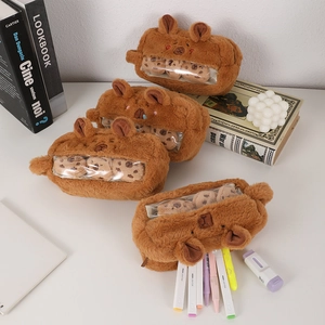 Cute brown Capybara plush pencil case with transparent window and fuzzy texture
