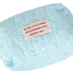 Cute light blue quilted pencil case with laser heart patterns and aesthetic patch