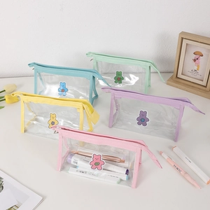 Clear PVC cartoon pencil case with macaron leather trim and cute bear stickers set