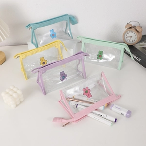 Cute transparent PVC pencil cases with cartoon bear prints in 5 macaron colors