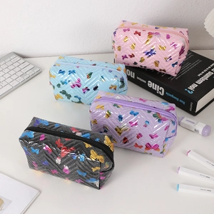 Butterfly Print Quilted Makeup Bag PU Leather Large Capacity Portable Cosmetic Pouch Pencil Case For Travel Office
