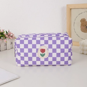 Purple checkered canvas makeup bag with tulip embroidery for travel toiletries storage