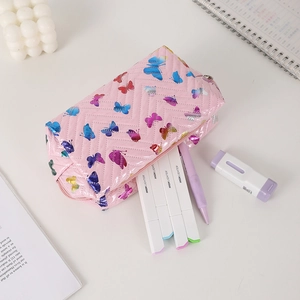 Pink glossy quilted makeup bag with butterfly patterns and stationery storage
