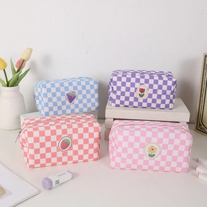 Canvas Checkerboard Pencil Case Large Capacity Makeup Bag With Embroidered Fruit Flower Patches Travel Toiletry Pouch