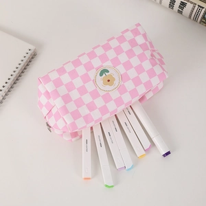 Detail view of a pink checkered makeup pouch with assorted colored highlighters inside