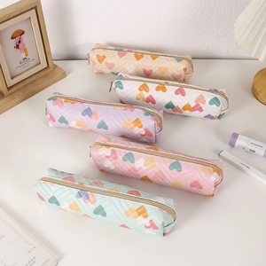 Cute heart pattern PU leather pencil cases with gold zippers in five pastel colors