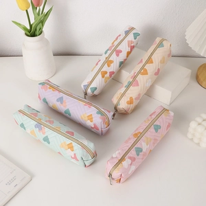Pastel quilted PU pencil cases with heart patterns in five colors for students