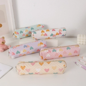 Pencil Case Cute Heart Print Quilted PU Leather Stationery Bag For Students Kids Girls Portable Zippered Storage