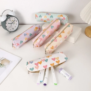 Macaron color heart pattern pencil cases with V-quilting and zipper closure set