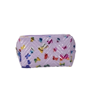 Lavender quilted makeup bag with colorful metallic butterfly prints and top zipper