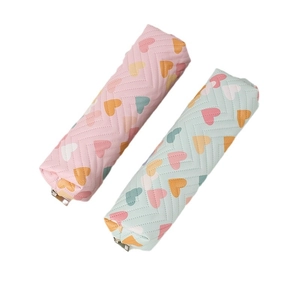 Cute heart pattern PU leather pencil cases with quilted V-texture in pink and cyan colors