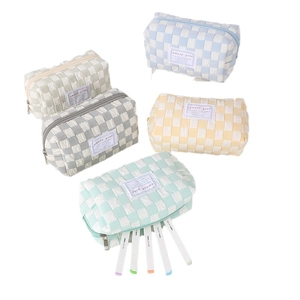 Checkered pattern pencil cases in five pastel colors with large capacity and zipper