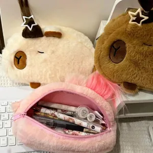 Cute Capybara plush pencil case in three colors showing large capacity storage