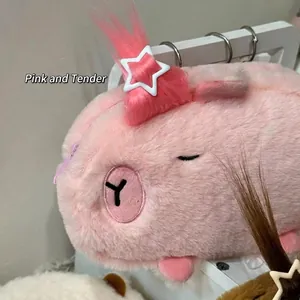 Cute pink fluffy Capybara plush pencil case with soft faux fur and star hair clip