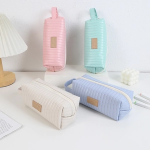 Minimalist large capacity PU leather pencil case in macaron colors with handle strap