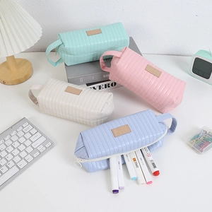 Quilted PU Leather Pencil Case Large Capacity Zippered Pen Pouch With Handle Macaron Color Stationery Organizer