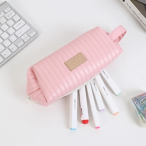 Pink quilted PU leather pencil case with handle and high capacity for stationery storage