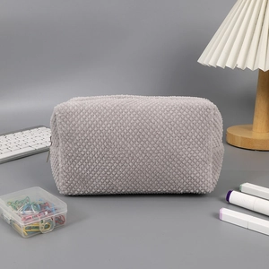 Large capacity light grey plush pencil case with textured dot pattern for students