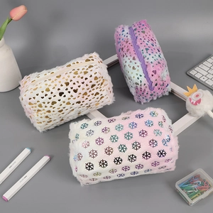 Plush pencil case and cosmetic bag set with gold heart and snowflake patterns