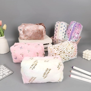 Cute plush stationery bags and makeup pouches with diverse patterns and zipper closure