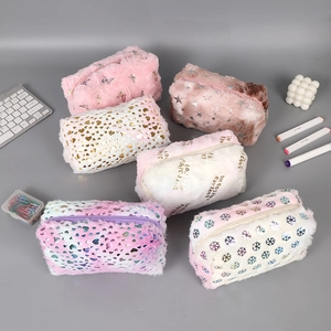 Cute fluffy plush stationery pouch set with gold butterfly and unicorn patterns