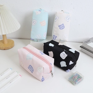 Corduroy Gummy Bear makeup bags in four colors with cute embroidery for travel storage