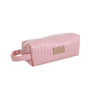 Pink quilted pencil case with top handle and Good Fortune label on white background