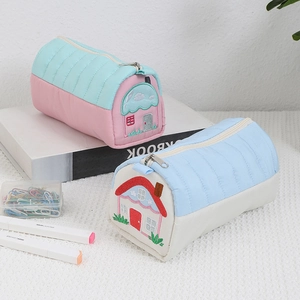 Cute house-shaped pencil case with detailed embroidery and large storage capacity