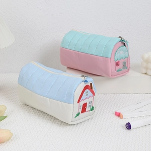 Quilted cotton house-shaped pencil cases with creative embroidery and metal zippers