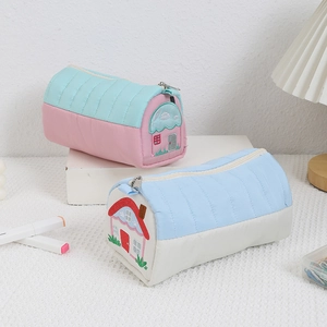 Cute house-shaped quilted pencil case with embroidery and silver zipper for stationery