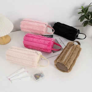 Minimalist plush pencil case with striped texture and portable handle in five soft colors