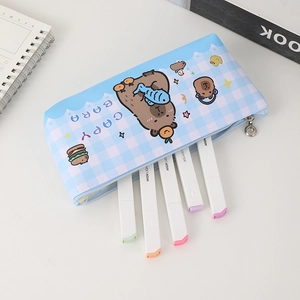Blue plaid pen pouch featuring cartoon capybara and highlighters for storage capacity