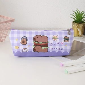 Detail of purple plaid pencil case featuring cute capybara cartoon prints and zippers