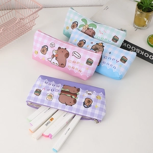 Cute Capybara checkered pencil case in pastel colors with large storage capacity
