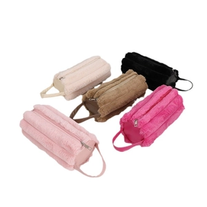 Minimalist plush pencil case in five soft colors with durable zipper and carry handle