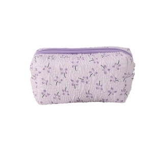Cute cream floral fabric pencil case with large capacity and purple bubble gauze texture