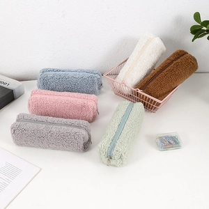 Plush thickened high-capacity pencil pouch in six soft colors with zipper closure