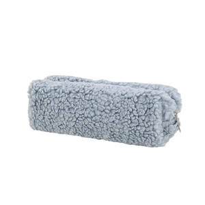 Soft light blue plush pencil case with teddy fleece texture and silver zipper closure