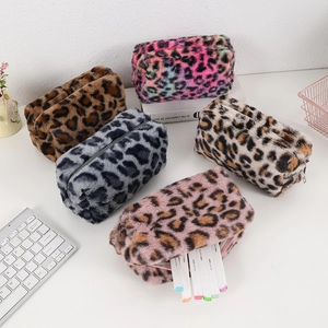 Detailed collection of plush leopard print storage bags in various colors for organization