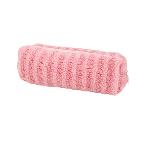 Pink plush corduroy pencil case with large capacity and soft ribbed texture for students