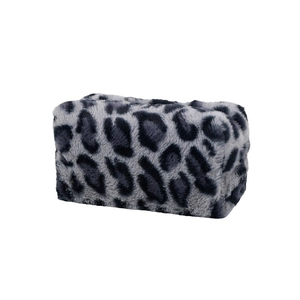 Large capacity leopard print faux fur cosmetic bag with soft texture and top zipper closure