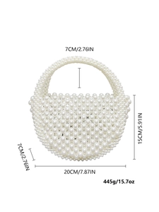 Borsa da sera bianca con perle tessute a mano, dimensioni 20cm x 15cm x 7cm