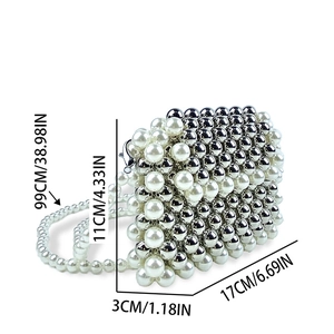 Detailed size specifications of white pearl and silver beaded crossbody bag with dimensions