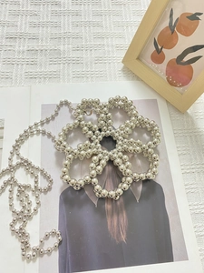 Silver beaded flower crossbody mini bag with polished metallic beads and chain strap