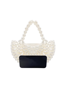 Elegant white pearl beaded handbag with fan-shaped design and top handle for women